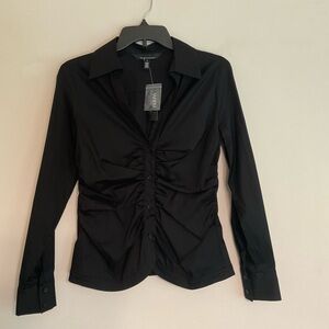 White House Black Market Long Sleeve Ruched Waist Poplin Blouse~Size 4~Black~NWT